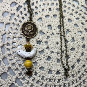 Vintage-Inspired sunflower, bird Pendant Necklace